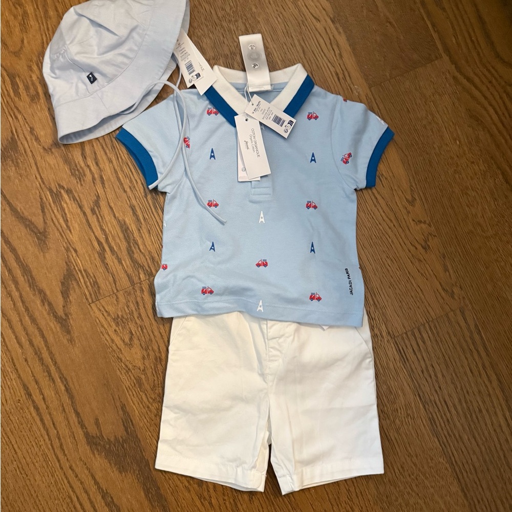 NWT - Jacadi Paris - Blue Polo, White Shorts, Hat Set - Size 12-18m